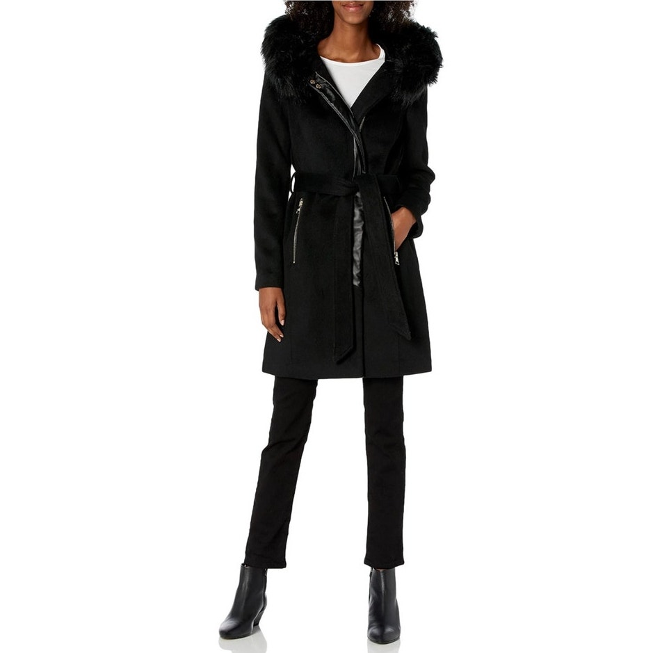 Karl Lagerfeld Paris Womens Black Belted Elegant Wool Coat Fur Trim Hood Small